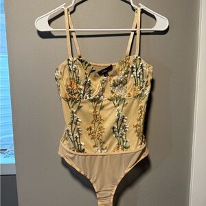Lulu's Floral Embroidered Bodysuit in Yellow and Green